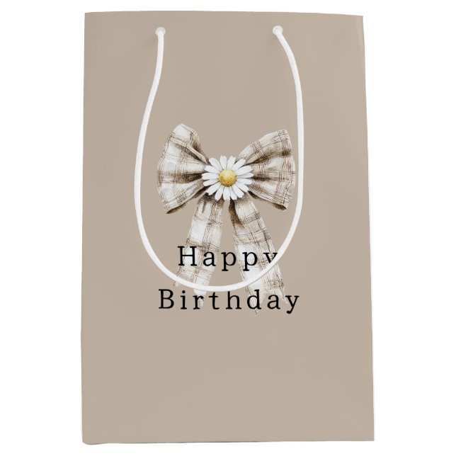Sac Cadeau Moyen Cocoa Cream White Bow Daisy Flowers Birthday   (Devant)