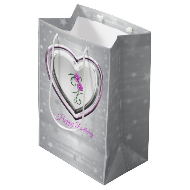 Sac Cadeau Moyen Coeur Argent Et Fleurs Violettes (Devant Angle)