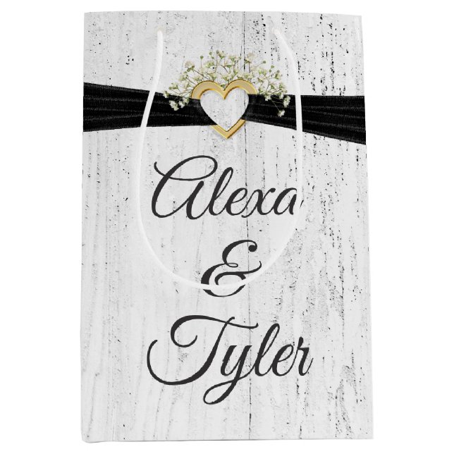 Sac Cadeau Moyen Coeur avec ruban noir sur bois blanchi (Devant)