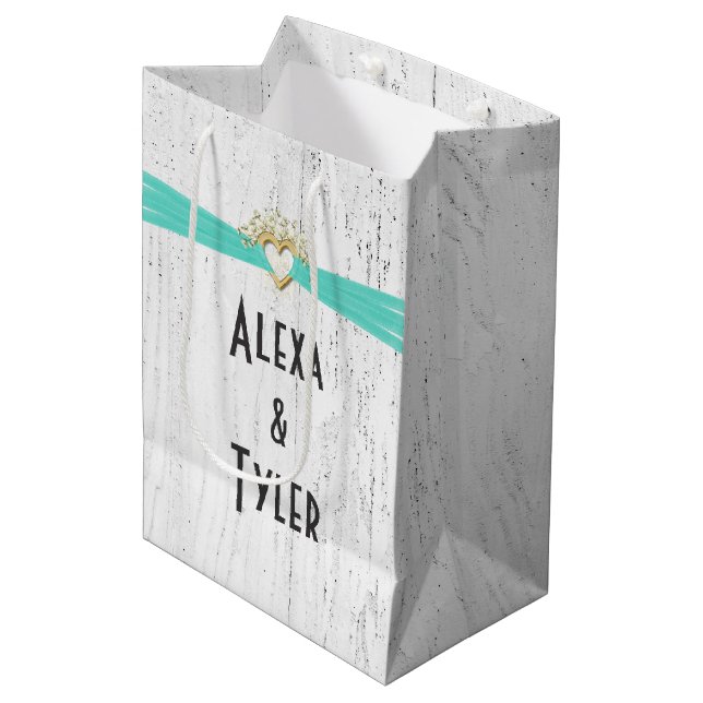 Sac Cadeau Moyen Coeur avec ruban Turquoise sur bois blanchi (Devant Angle)