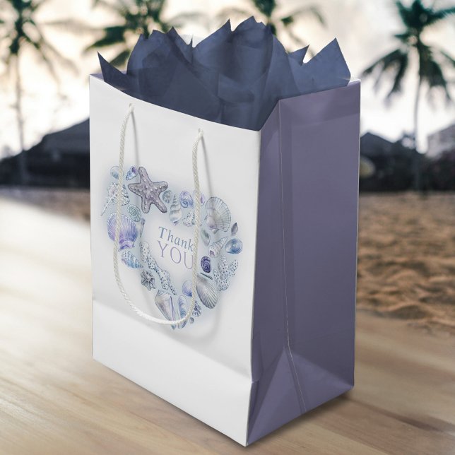 Sac Cadeau Moyen Coeur coeurs shells merci plage bleu mariage (Créateur téléchargé)
