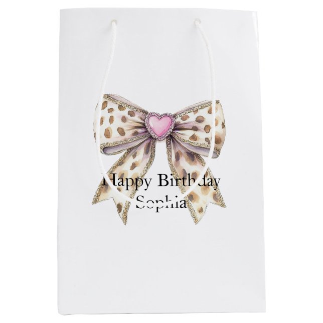 Sac Cadeau Moyen Coeur rose léopard fille Bow Anniversaire (Devant)