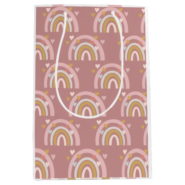 Sac Cadeau Moyen Coeurs à thème arc-en-ciel rose (Devant)