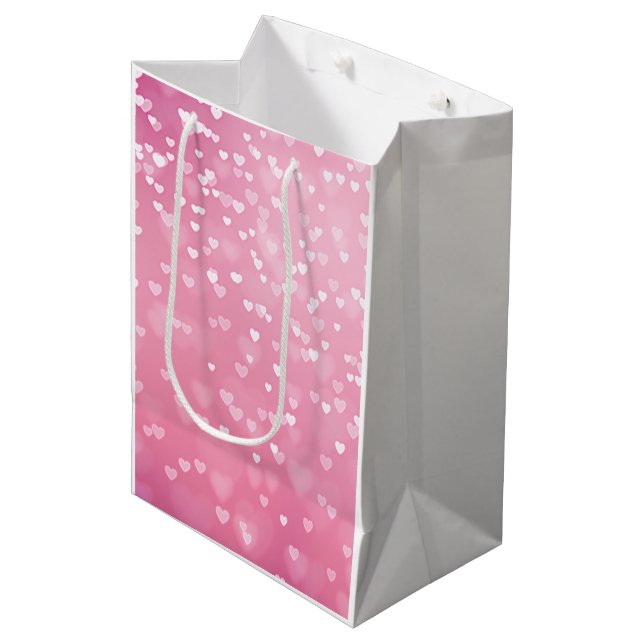 Sac Cadeau Moyen Cœurs blancs roses Anniversaire (Devant Angle)