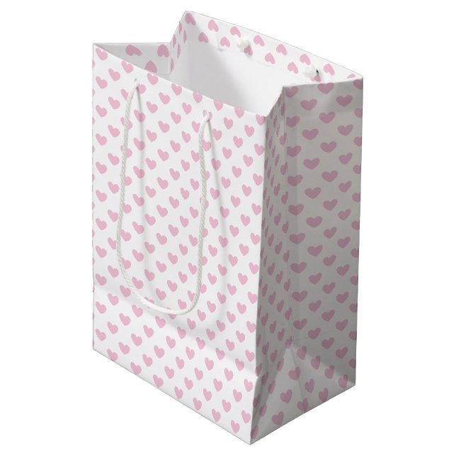 Sac Cadeau Moyen Cœurs Classiques Rose Clair - Blanc (Devant Angle)