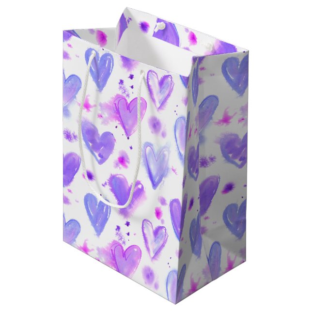 Sac Cadeau Moyen Coeurs d'aquarelle passion violet (Devant Angle)