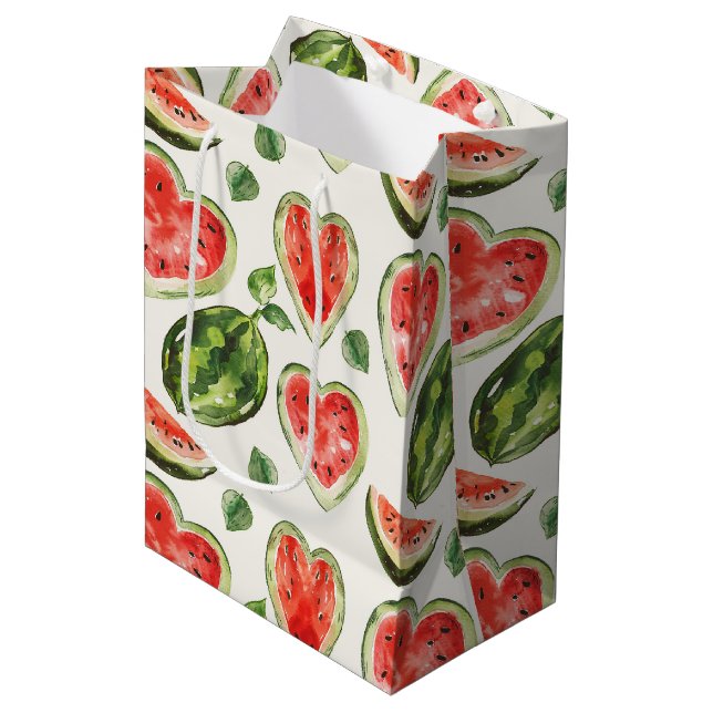 Sac Cadeau Moyen Cœurs de pastèque rouge-vert anniversaire (Devant Angle)