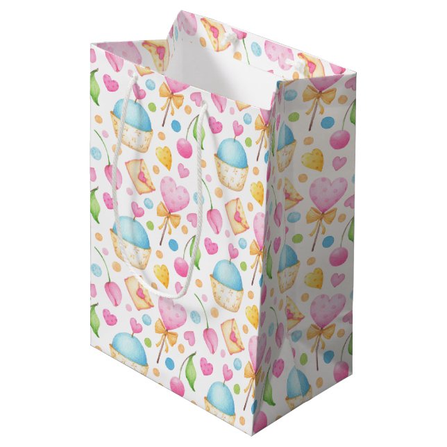 Sac Cadeau Moyen Coeurs et cupcakes Motif d'aquarelle (Devant Angle)