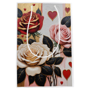 Sac Cadeau Moyen Coeurs et Roses opulents