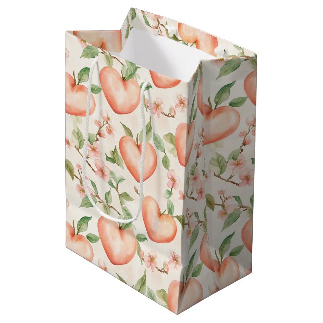 Sac Cadeau Moyen Cœurs Fleurs Jolies de Mint Pêche (Devant Angle)