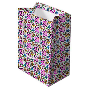 Sac Cadeau Moyen Coeurs roses amusants et fleurs bleues orange