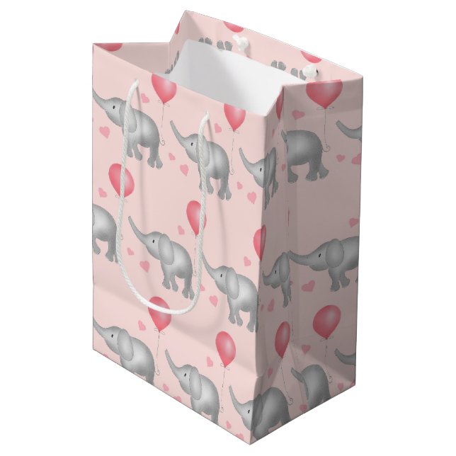Sac Cadeau Moyen Coeurs roses et aquarelle Eléphant Enfants (Devant Angle)