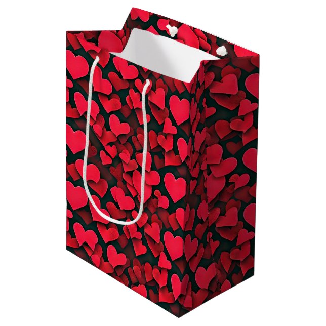 Sac Cadeau Moyen Coeurs rouges sur la valentine noire (Devant Angle)