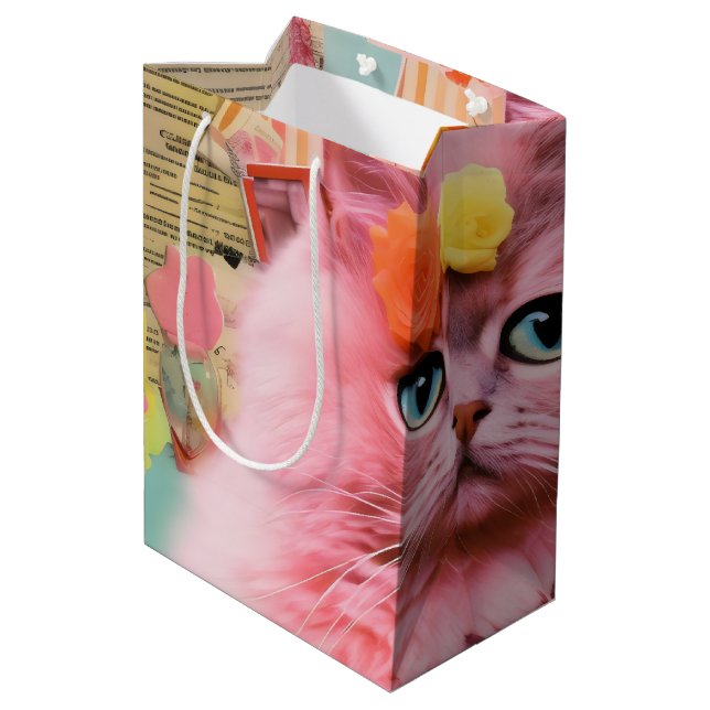 Sac Cadeau Moyen Collage de chat rose flou rétro (Dos Angle)