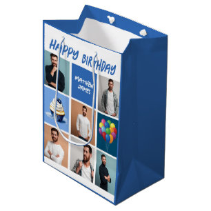 Sac Cadeau Moyen Collage photo personnalisé Bleu personnalisé Anniv