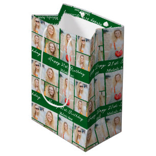 Sac Cadeau Moyen Collage photo personnalisé vert joyeux anniversair