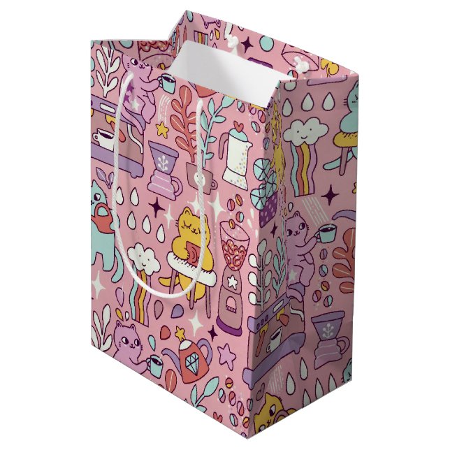 Sac Cadeau Moyen Collection De Chat De Carton Cute Sur Rose (Dos Angle)