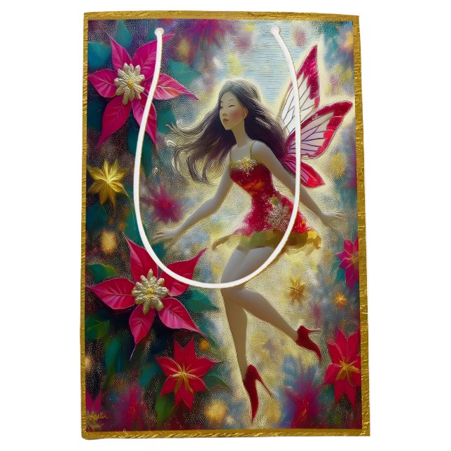 Sac Cadeau Moyen Collection Fée de Noël - Cheveux Brown foncés (Devant)