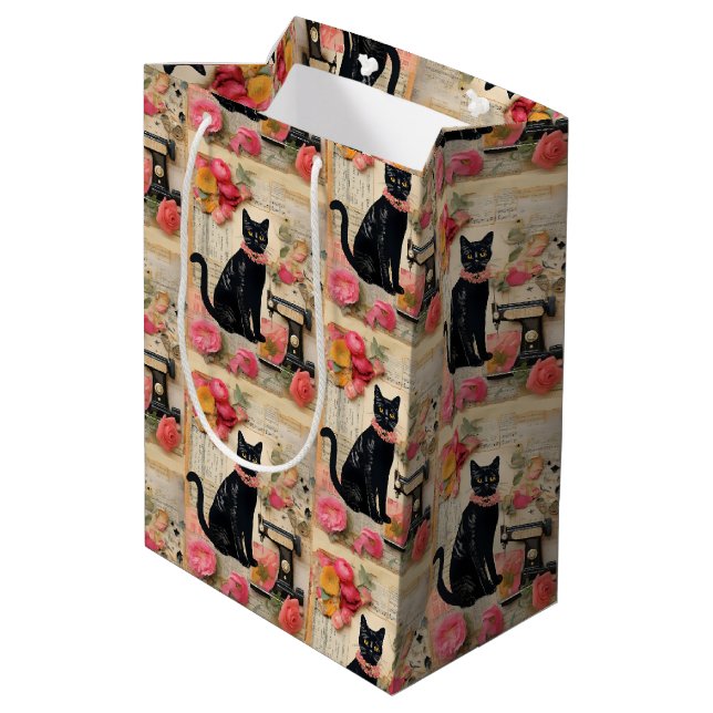 Sac Cadeau Moyen Collier rose Chat noir Retro Collage (Dos Angle)