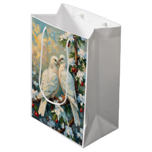 Sac Cadeau Moyen Colombes de Noël vintage sur branche de sapin enne