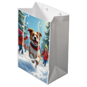 Sac Cadeau Moyen Combat de boules de neige de Border Terrier Peintu