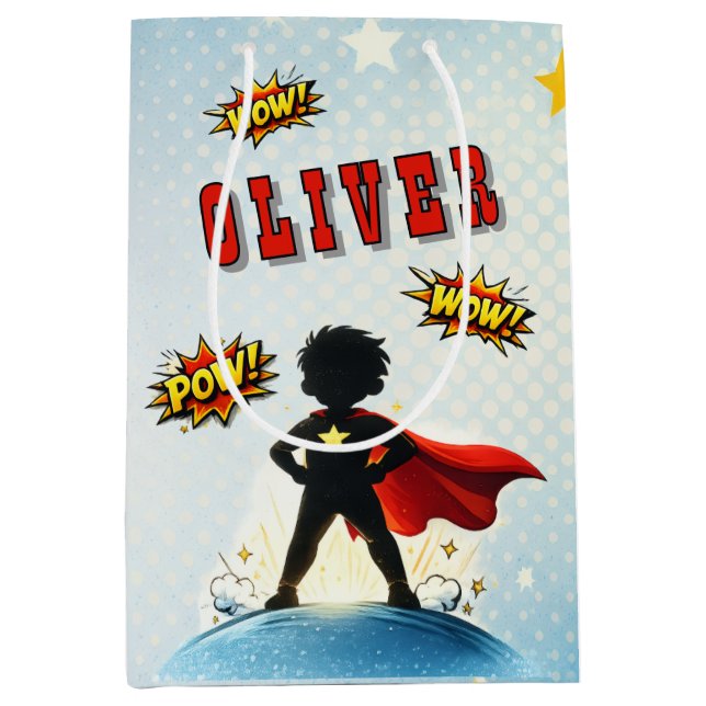 Sac Cadeau Moyen Comic Style Superhero Boy's Name Birthday Party (Devant)