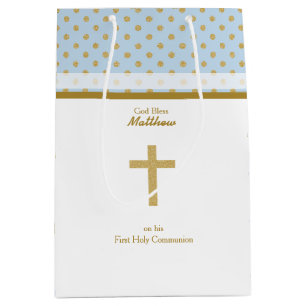 Sac Cadeau Moyen Communion bleu avec Pois d'or