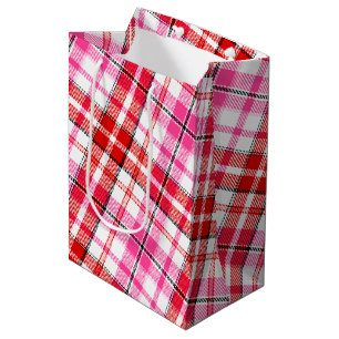 Sac Cadeau Moyen Conception à carreaux tartan blanc rouge rose