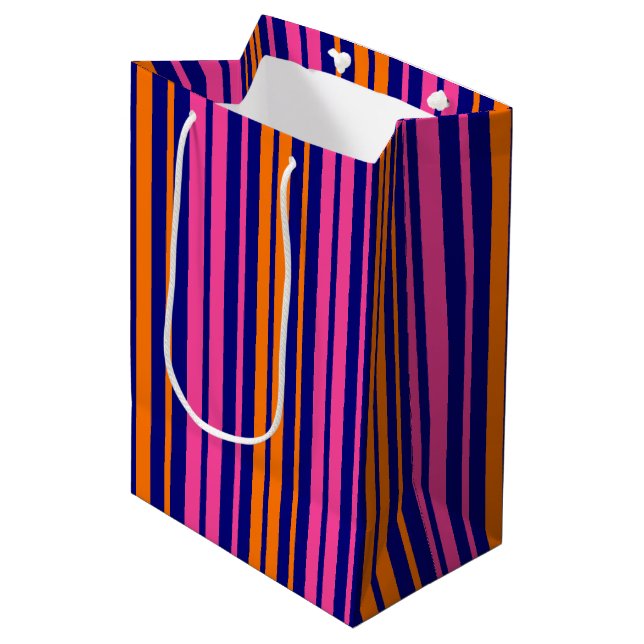 Sac Cadeau Moyen Conception de rayures verticales orange bleu rose  (Devant Angle)