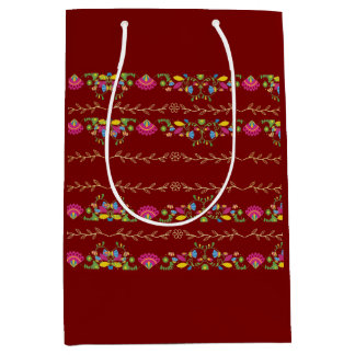 Sac Cadeau Moyen Conception florale bordeaux