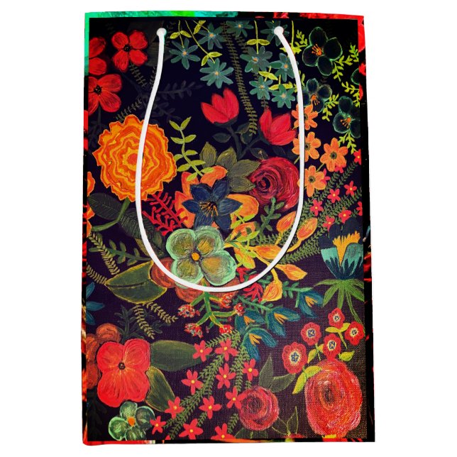 Sac Cadeau Moyen Conception florale de peinture acrylique Boho (Devant)
