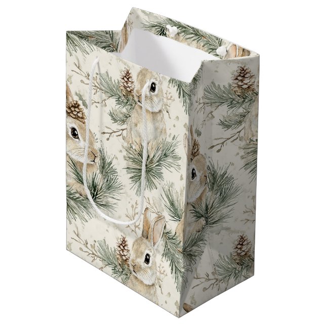 Sac Cadeau Moyen Cônes de pin verts lapins de Noël (Devant Angle)