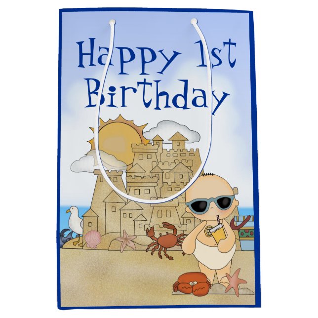 Sac Cadeau Moyen Cool Beach Baby Sandcastle Boy Baby 1er anniversai (Devant)