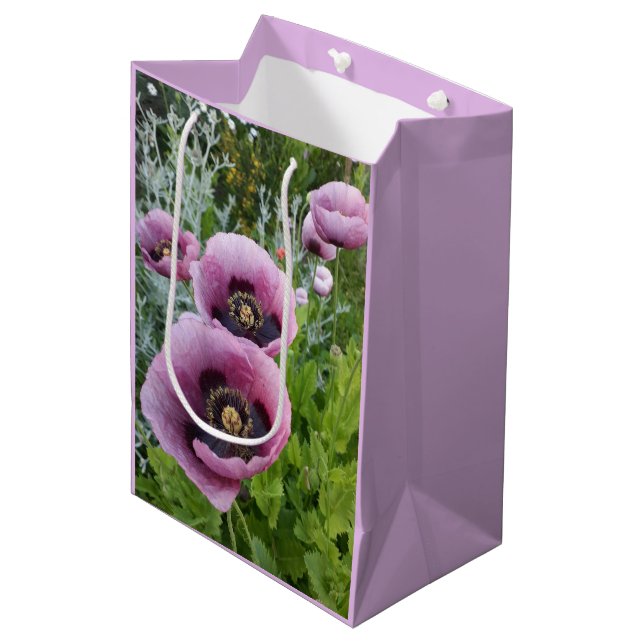 Sac Cadeau Moyen Coquelicots Mauve Violet Rose Violet Aquarelle Moy (Devant Angle)