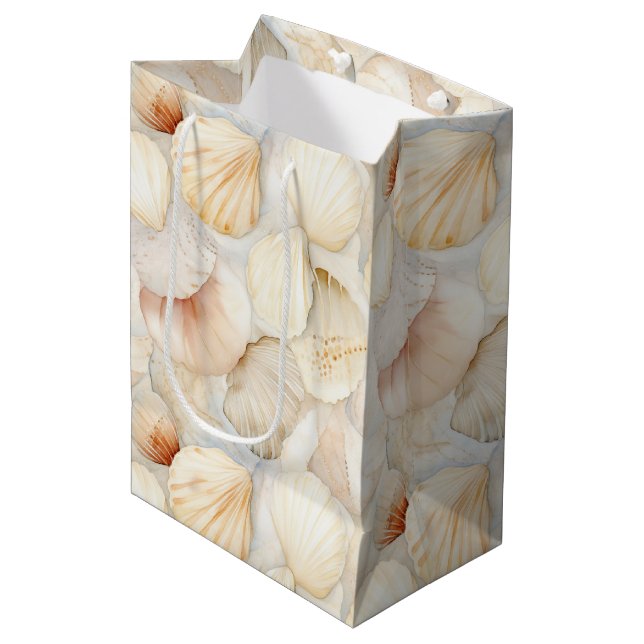Sac Cadeau Moyen Coquilles de Mer Crème Sable Mariage Plage d'Ivoir (Devant Angle)