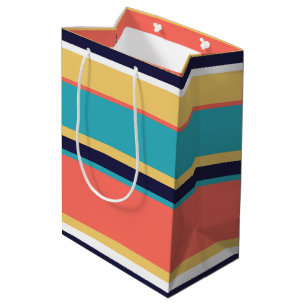 Sac Cadeau Moyen Corail vivant, rayures bleues et jaunes