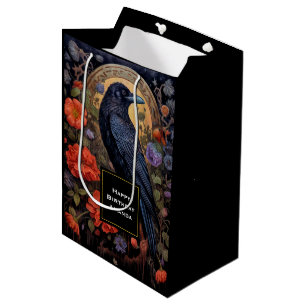 Sac Cadeau Moyen Corbeau noir aux fleurs Design gothique Anniversai