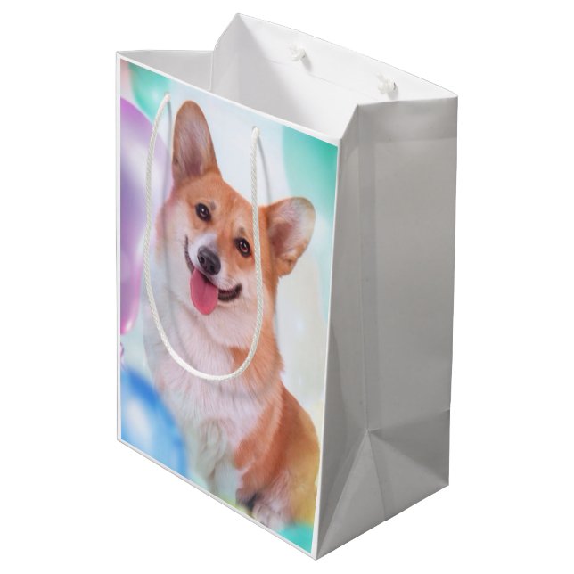 Sac Cadeau Moyen Corgi de sourire avec des ballons (Dos Angle)
