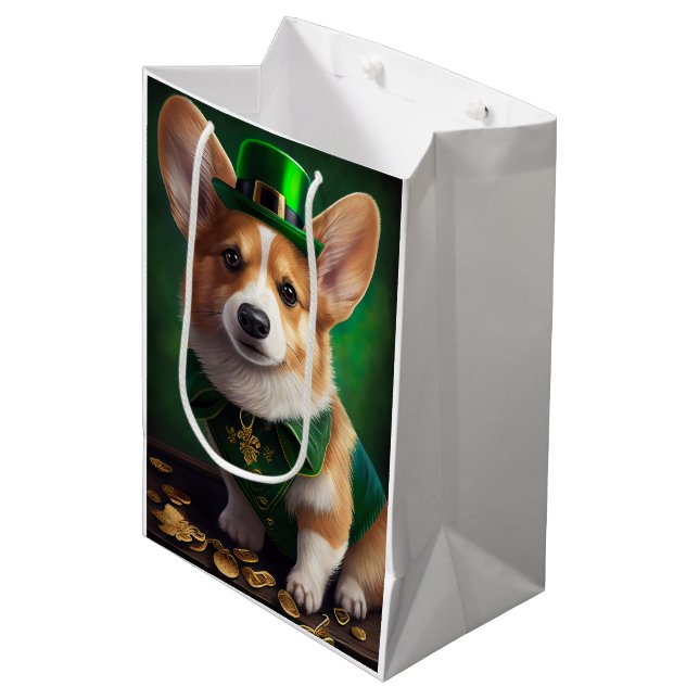 Sac Cadeau Moyen Corgi Dog en robe de fête St. Patrick (Devant Angle)