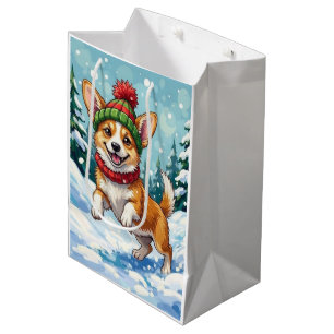 Sac Cadeau Moyen Corgi joyeux bondissant dans la neige avec un pomp