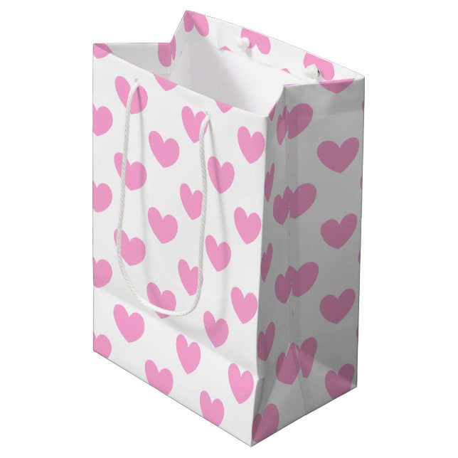 Sac Cadeau Moyen Coton Candy Pink coeurs sur blanc (Devant Angle)