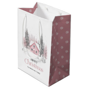 Sac Cadeau Moyen Cottage d'hiver rose