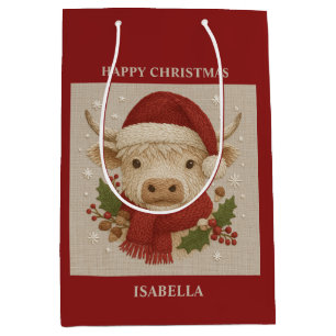 Sac Cadeau Moyen Cottagecore rustique Highland Cow avec Santa Hat