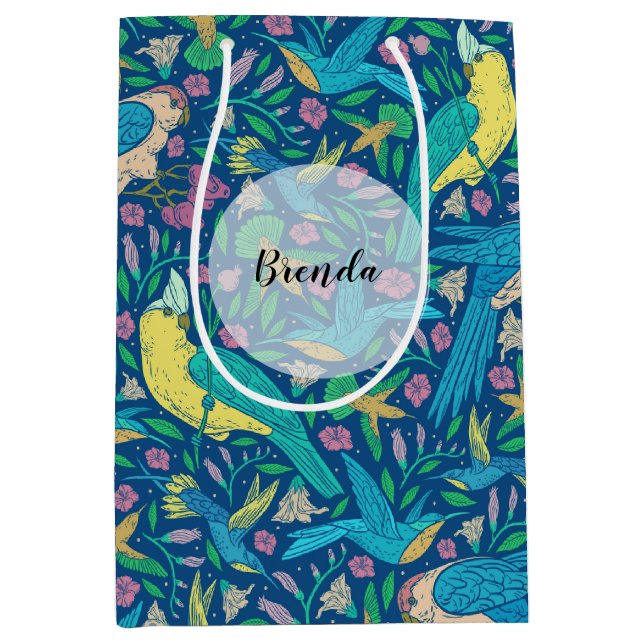 Sac Cadeau Moyen Couleur mignonne Tropical Bids & Fleurs Motif (Devant)