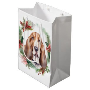 Sac Cadeau Moyen Couronne de Noël au Basset Hound Chien festif