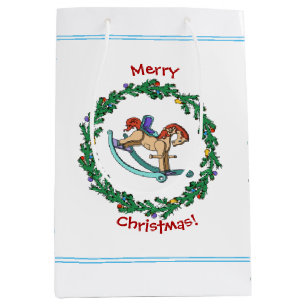 Sac Cadeau Moyen Couronne De Noël Avec Cheval Rocheux