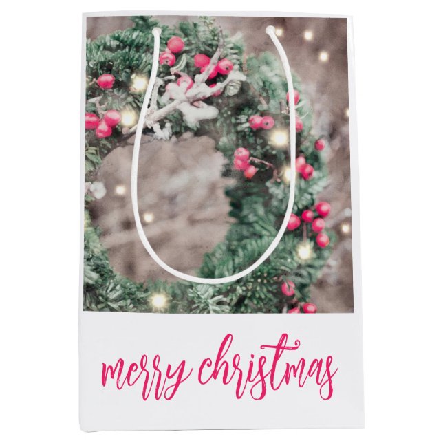 Sac Cadeau Moyen Couronne de Noël joyeux (Devant)