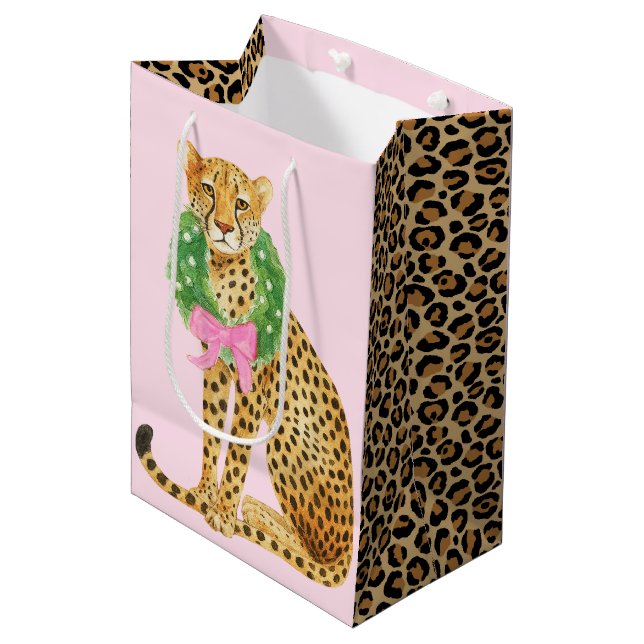 Sac Cadeau Moyen Couronne de Noël Léopard  (Devant Angle)