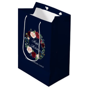 Sac Cadeau Moyen Couronne florale aquarelle élégante Joyeuses Fêtes