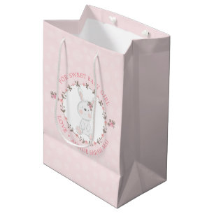 Sac Cadeau Moyen Couronne florale personnalisée de lapin bébé rose